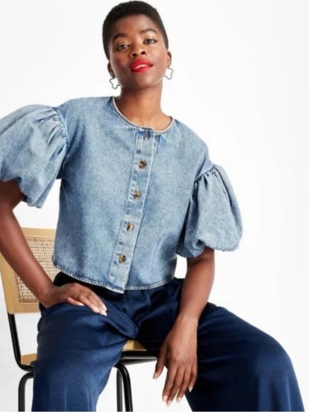 Future Collective Denim Puff-Sleeve Button-Front Top-Size L